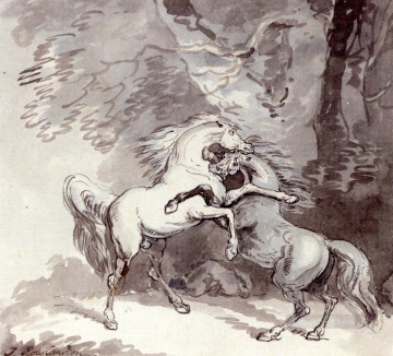 動物 Painting - 森の小道で戦う馬の風刺画 トーマス・ローランドソン